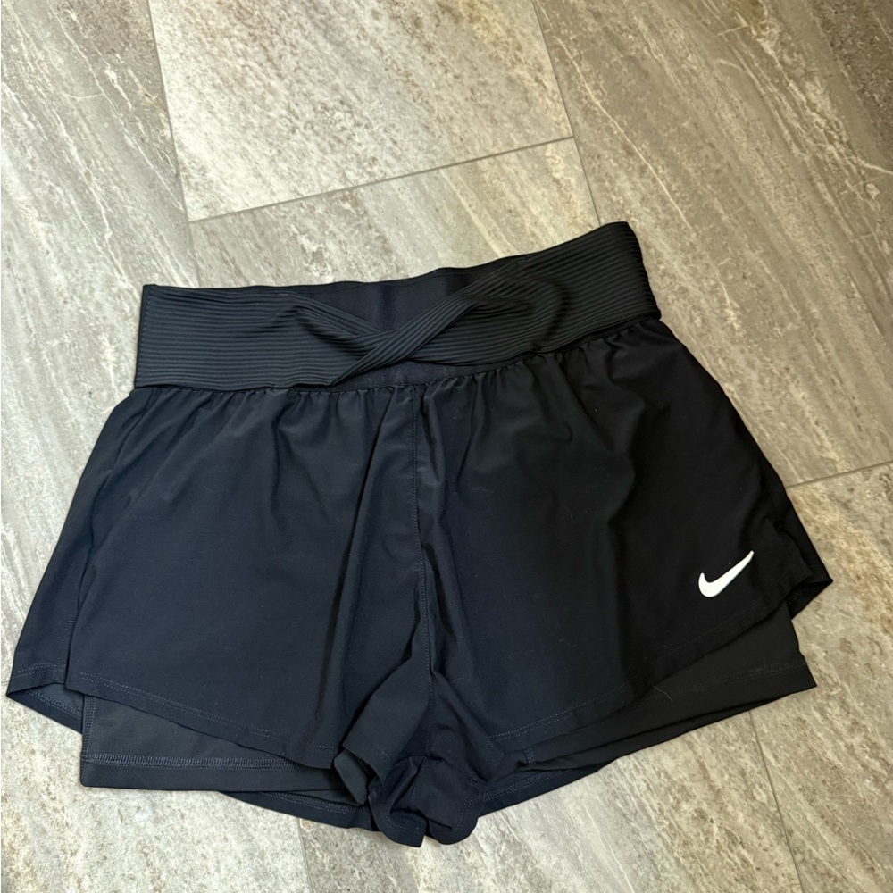 Nike Women’s Black Athletic Shorts with White Swoosh
